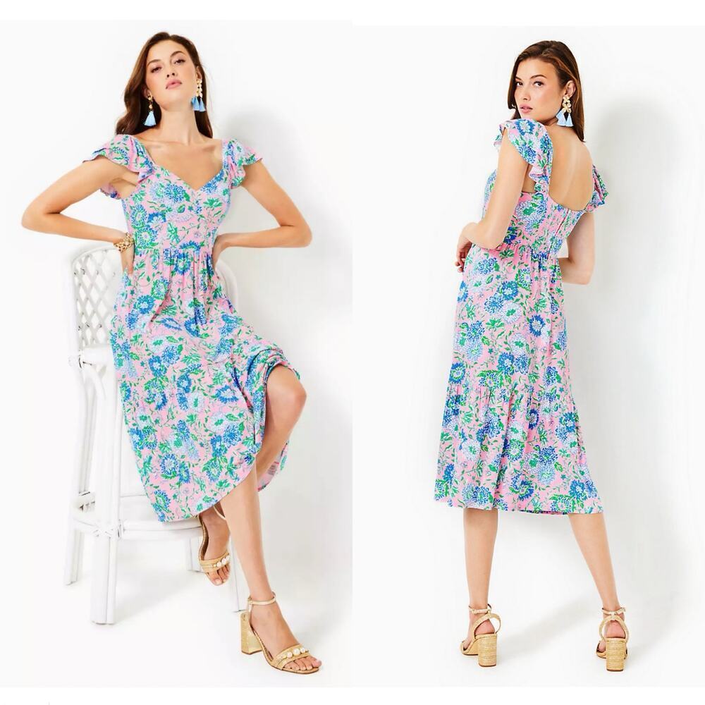 Lilly Pulitzer Bayleigh Flutter Sleeve Midi Dress Pink Floral Size 16 Feminine
